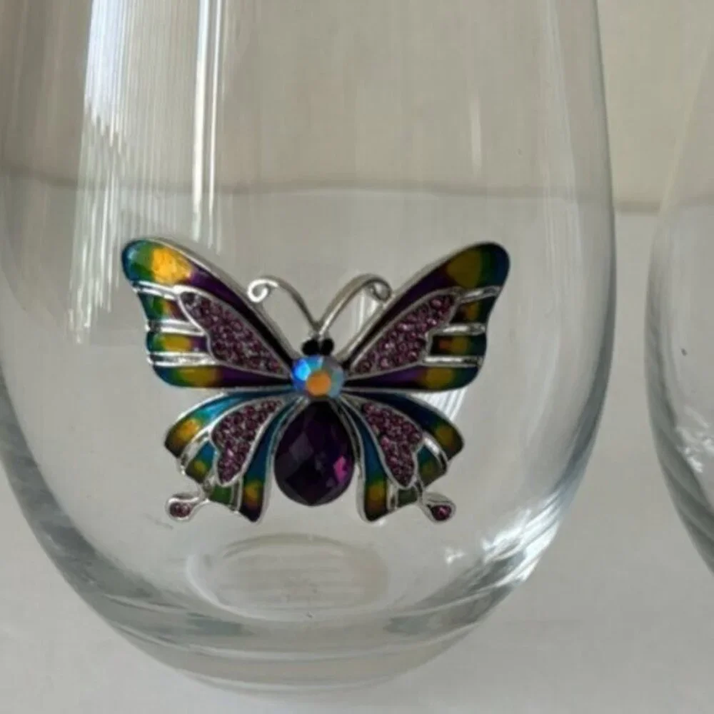 RACHEL ZOE 2 pc Jewel stemless wine glasses W gem and rhinestone butterfly